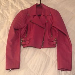 Woman’s Pink Leather Moto Jacket by Skin Hub.  Size L